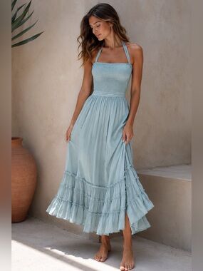 R.Vivimos NWOT Boho Maxi Dress Smocked Halter Backless Tiered‎ Blue Size S